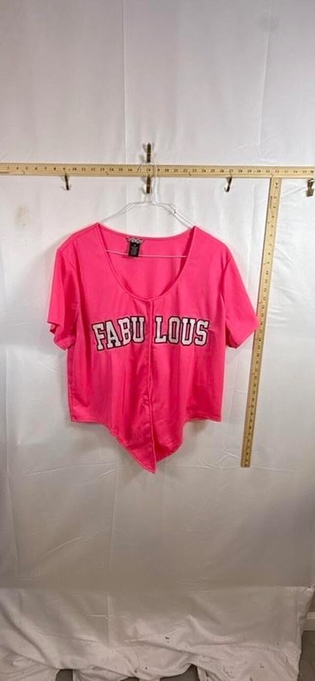 Belle Tweed 2X Hot Pink Baseball Jersey Shirt Womens Fabulous Crop Tie Hem Plus